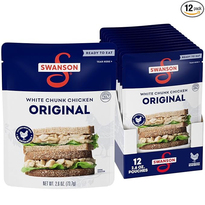 Swanson Original White Chunk Fully Cooked Chicken, Ready to Eat, Simple On-the-Go Meals, 2.6 OZ Pouch (Case of 12)