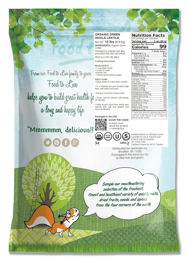 Food to Live Organic Whole Green Lentils, 15 Pounds ??Non-GMO, Dried Raw Beans, Sproutable, Vegan, Kosher, High in Folate, Dietary Fiber, Protein, No Soaking Required, for Soups, and Veggie Burgers