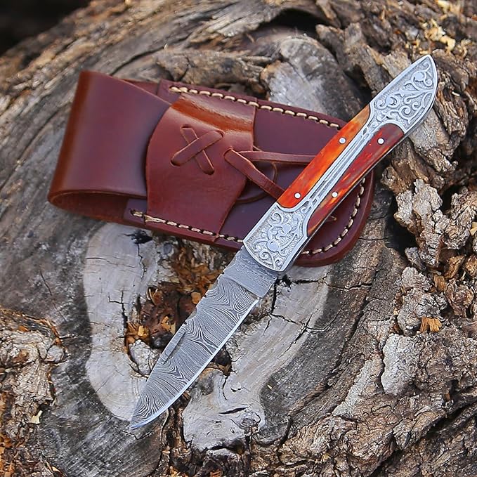 6.5 inch Damascus Pocket Knife with Sheath, Handmade Folding Pocket Knife for Men, Black-Red Wooden Handle with Brass Bolster, Secure Lock Back Camping Knife for EDC,Hunting,Hiking (Multi)