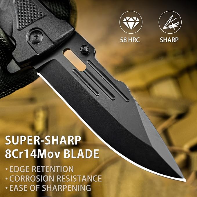 NedFoss Pocket Folding Knife DA75, 3 in 1 Pocket Knife for Men, Survival Knife with Liner-Lock Belt Clip, Seat Belt Cutter, Glass Breaker, Hunting knife for Camping Hiking