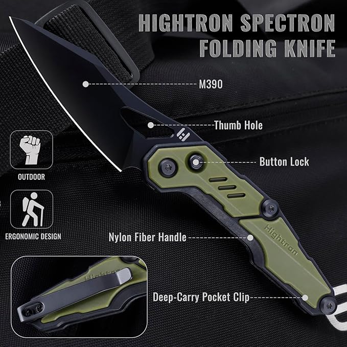 Hightron Spectron Pocket Knife, 3.05" M390 Blade and Nylon Fiber Handle, Folding Tactical Knife for Men Women Everyday Carry Clip-On Pocket Knives for Camping Hunting Green&Black