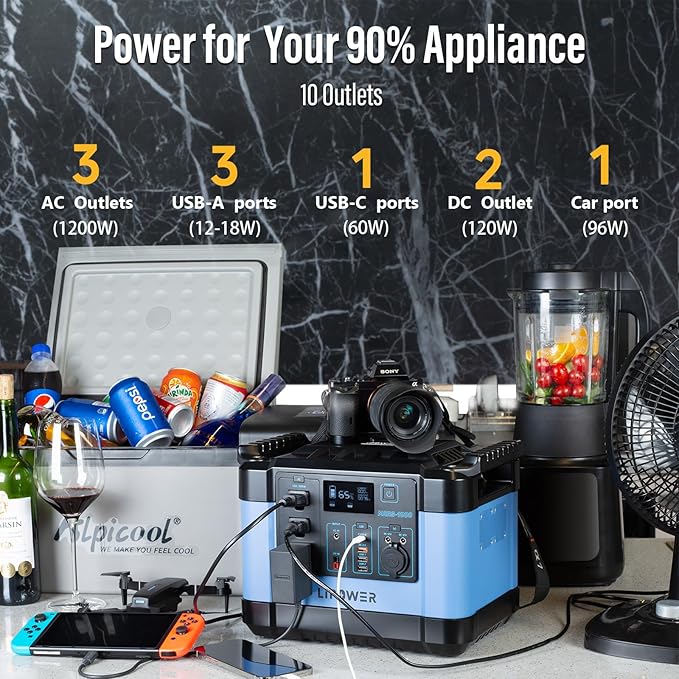 Lipower Power Station 1000W, 1120Wh LiFePO4 Battery Solar Generator for Camping, AC Outlets*3, PD 60W, Portable Power Station for Home Use, CPAP, Emergency-Blue