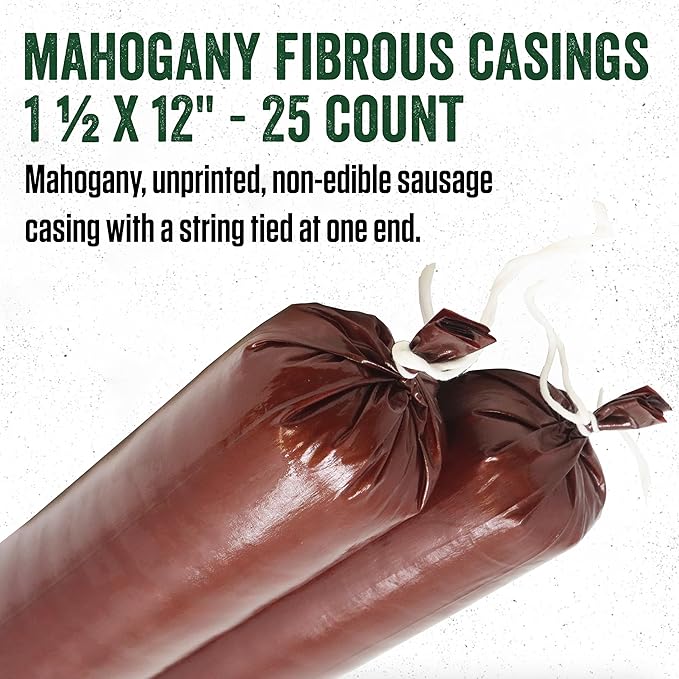 LEM Products Mahogany Fibrous Casings, 1 ½ Inches x 12 Inches, Non-Edible Sausage Casings, Stuffs Approximately 1 Pound Per Casing, Great for Summer Sausage, Pepperoni, and Salami, 25 Count Pack