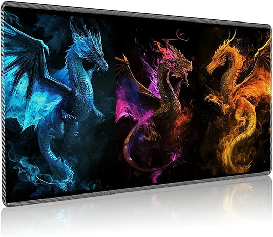 Playmat for MTG, 24 x 14 inches Game Play Mat for MTG TCG and Other Card Games, Trading Card Game Play Mat Desk Mats with Stitched Edges Non-Slip Base, Three Dragons