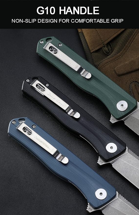 Petrified fish G10 handle D2 steel blade 2CR13 liner ball bearing flipper folding knife camping hunting EDC pocket tool PF818 (Green, Satin)