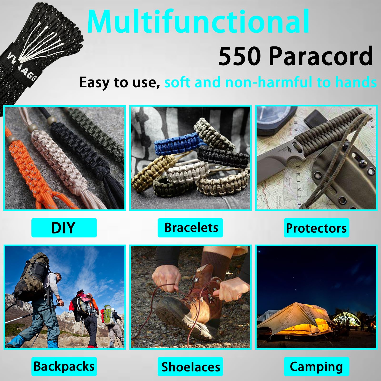 VVAAGG Reflective Paracord, 550 Parachute Cord, 4MM 7 Strand Nylon Rope