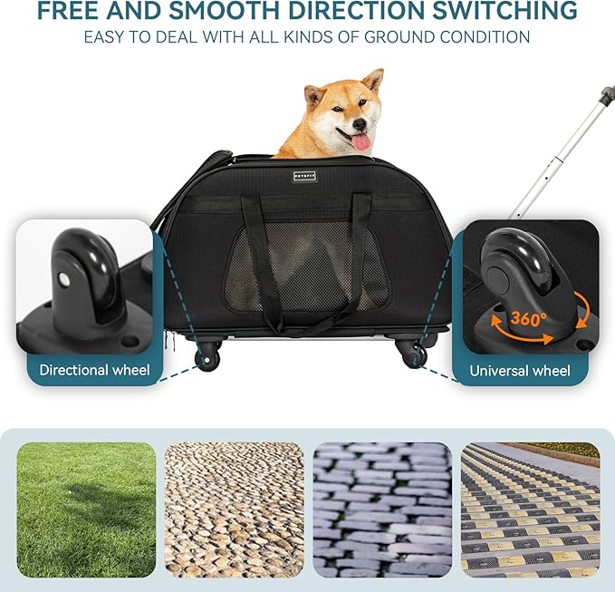 PETSFIT Extra Large Pet Carrier with Wheels- Rolling Dog Carrier for 2 Small Dogs, Large Cat Carrier on Wheels with Adjustable Safety Rope & Waterproof Bottom (?‘µ?’�?’• ?‘¨?’Š?’“?’�?’Š?’�?’† ?‘¨?’‘?’‘?’“?’�?’—?’†?’…)