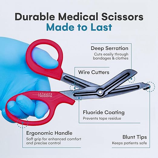 Madison Supply Trauma Shears Red - 7.5 Inch EMT and Nurse Scissors with Quality Stainless Steel, Fluoride-Coated Non-Stick Blades, High-Impact Handles - 2 Pack Trauma Scissors (Black/Red)