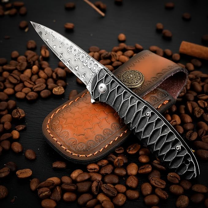 Damascus Pocket Knife, 2.87" Damascus Blade Folding Knives with Stainless Steel Handle, EDC Knife for Camping Hiking Hunting Gift