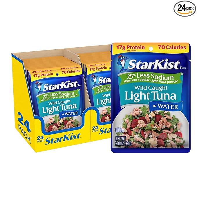 StarKist Reduced Sodium Chunk Light Tuna in Water, 2.6 oz Pouch (24 Pack) Ready to Eat Wild Caught Tuna, 17g Protein, Gluten Free, Soy Free, Kosher, Perfect for Salads, Keto Meals and Snacks