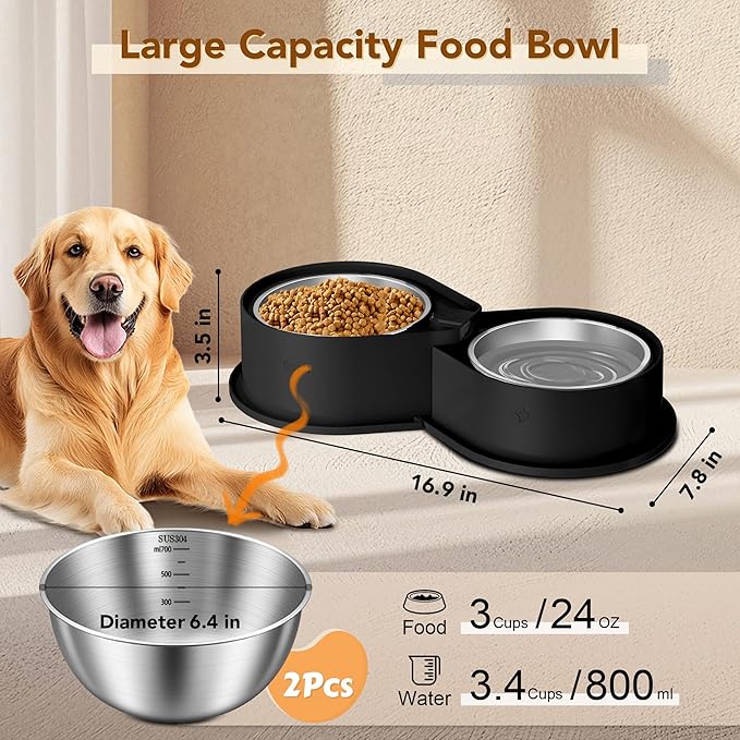 Stainless Steel Dog Bowl Set, 304 Metal Dual Food & Water Bowls for Dogs & Cats, Large Capacity Pet Feeder, Anti-Skid Dog Dish for Small/Medium/Large Pets