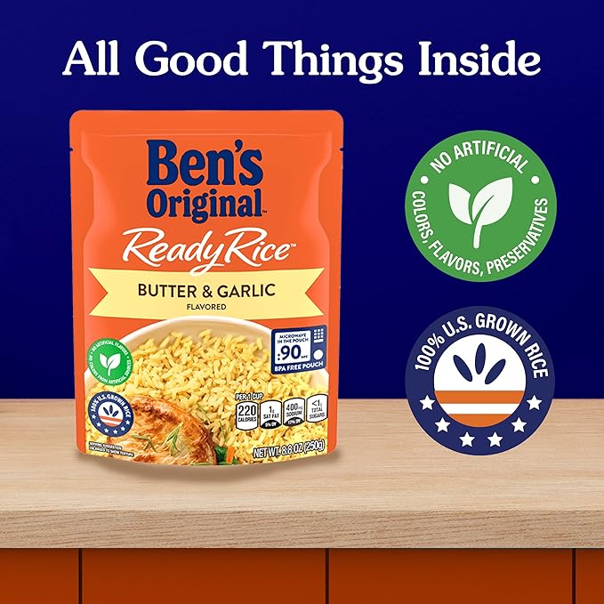 BEN'S ORIGINAL Ready Rice Butter and Garlic Flavored Rice, Easy Dinner Side, 8.8 oz Pouch (Pack of 12)