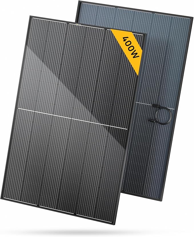 BougeRV Bifacial 400 Watts 10BB Mono Solar Panel, All Black Frame Monocrystalline Technology Work with 12/24 Volts Charger for RV Camping Home Boat Marine Off-Grid, 67.9 x 44.6 x 1.4 in