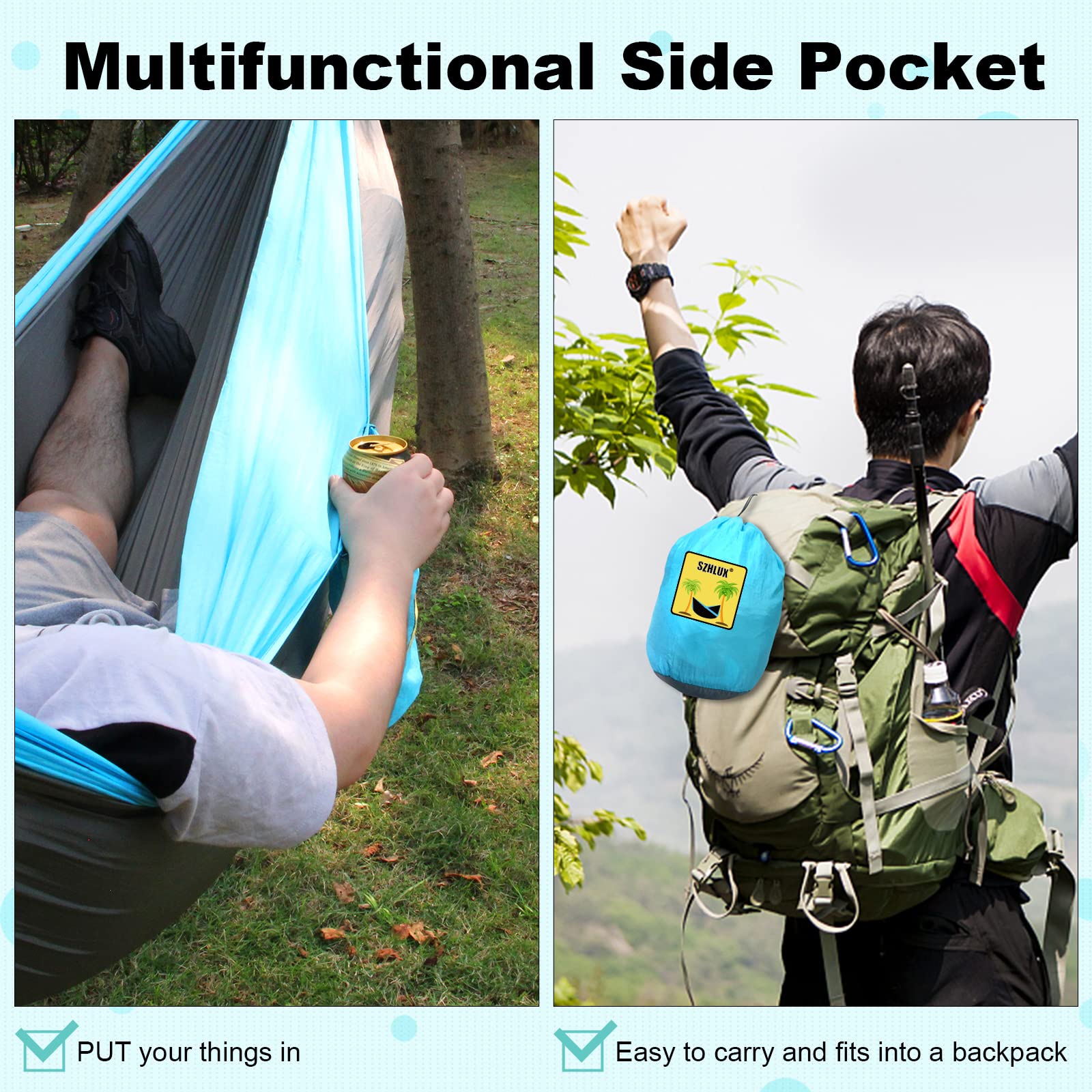 SZHLUX Camping Hammock Double & Single Portable Hammocks with 2 Tree Straps and Attached Carry