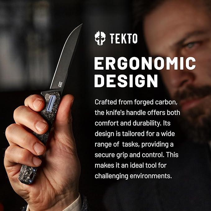 F2 Bravo Folding Pocket Knife - D2 Steel Blade, Ceramic Ball Bearings - EDC - Snap, Swift Flip for Camping, Backpacking - 2.4oz (68g), G10 Forged Carbon Handle, Blue Titanium Accents