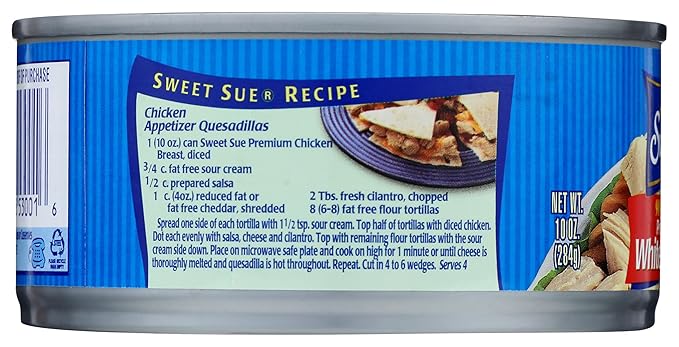 Sweet Sue Chunk White Chicken in Water, 10 oz Can - 11g Protein per Serving, 98% Fat Free - Gluten Free, Keto Friendly - Great for Snack, Lunch or Dinner Recipes