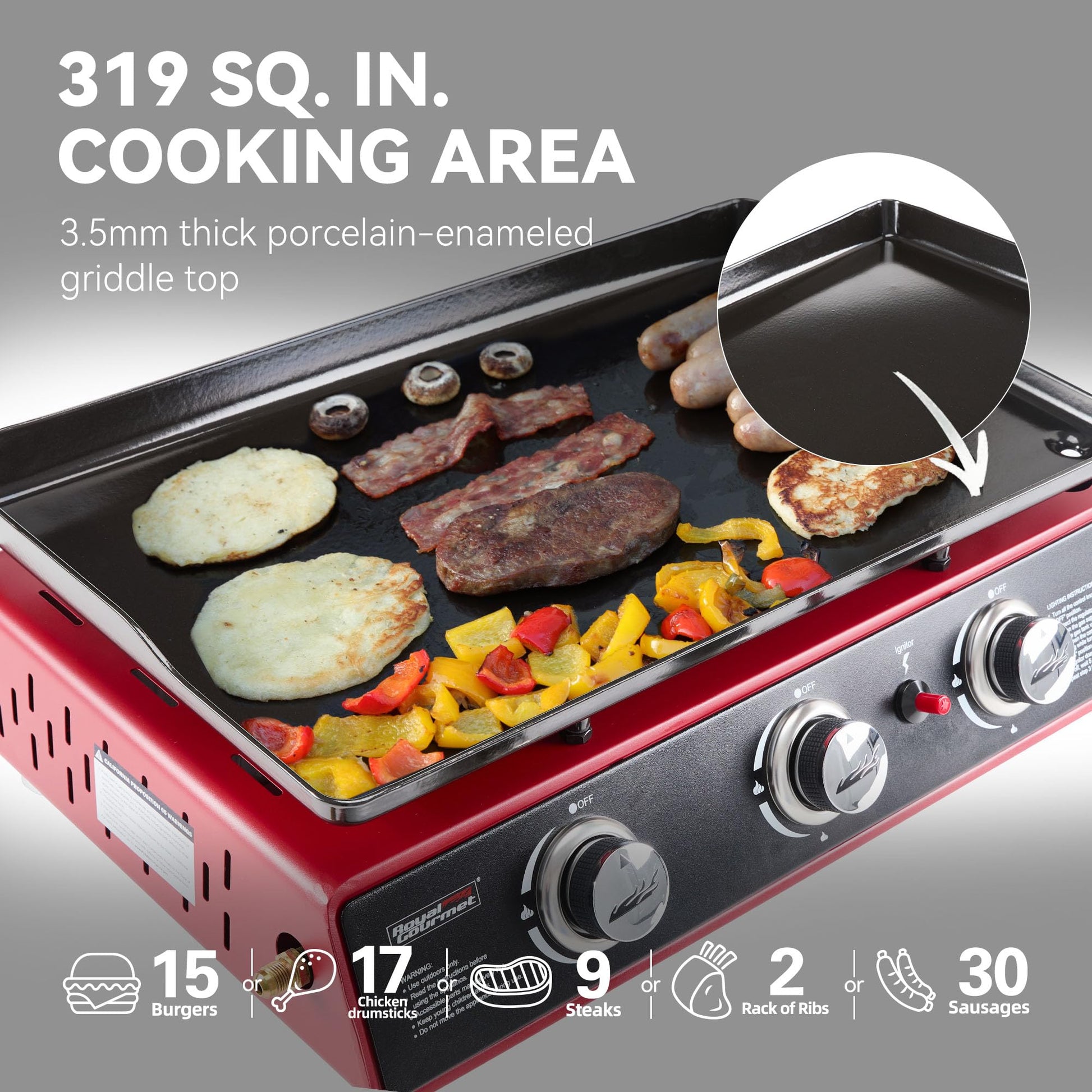 Royal Gourmet PD1301R 3-Burner Tabletop Propane Gas Griddle with Cover