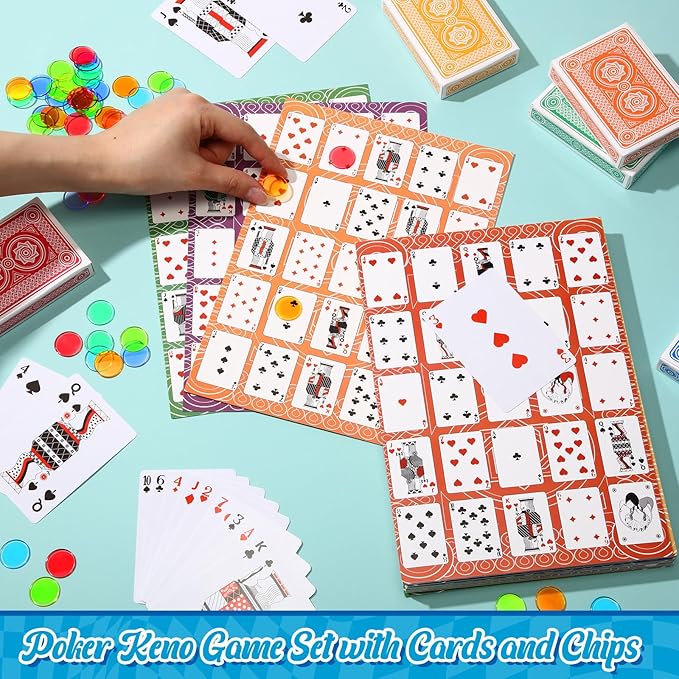 Zubebe 654 Pack Poker Keno Game Set, 6 Deck of Multicolor Playing Cards, 600 Transparent Scoring Chips, Large Boards, Poker Bingo Set Keno Board Game for Family Gathering Casino Play Night (Mixcolor)