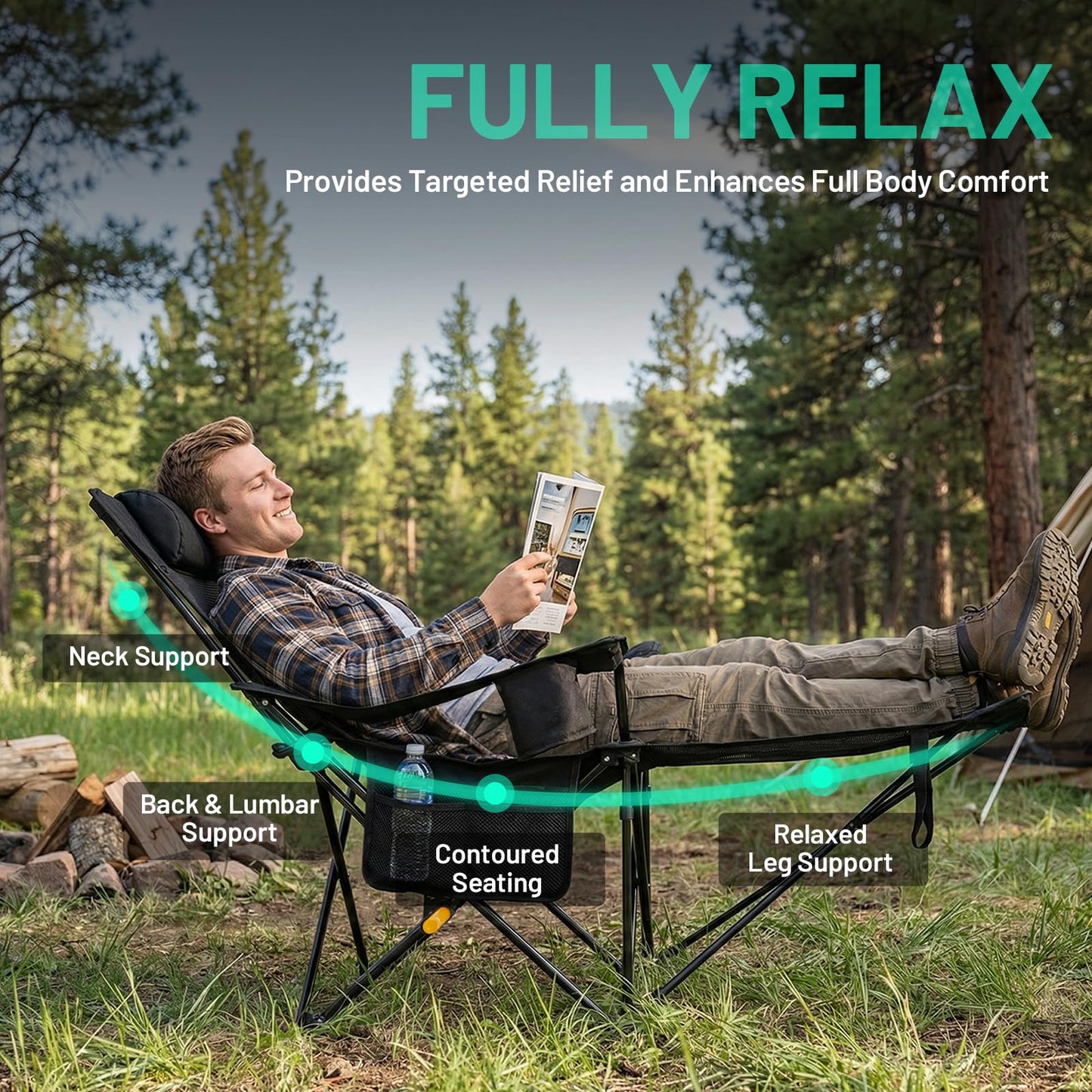 Overmont Reclining Camping Chair with Footrest - 4-Position Adjustable Backrest Lightweight Folding