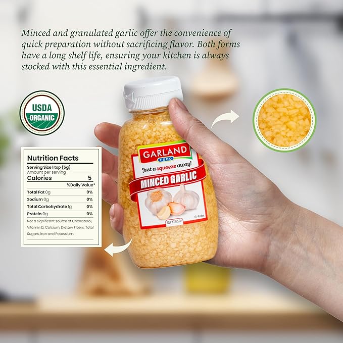 Garland Food Squeezable Minced Garlic in Water 9.5 oz ??Made in the USA - Garlic Minced Squeeze Bottle for Fresh Flavor, Time-Saving Prep, and Versatile Uses in Every Dish