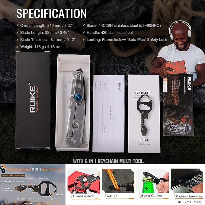 Tactical Folding Pocket Knife for men,14C28N Stainless Steel Blade,Frame Lock,G10 Handle,EDC Small Camping Knives Belt Clip Carry,Lightweight Survival Hunting Flipper Microtech Elemental Bushcraft Hiking Sharp Gear Tool Father Dad Gifts Ruike p108