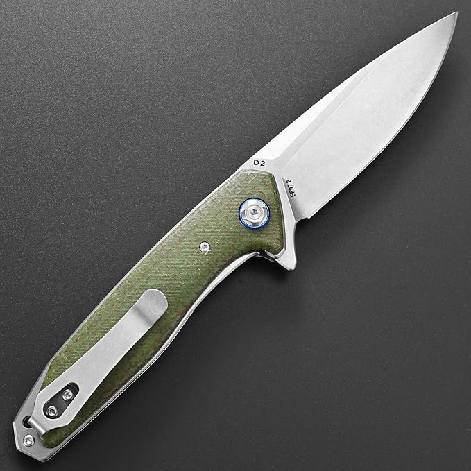 Eafengrow EF972 Folding Knife, D2 Steel Blade Micarta Handle Pocket Knife Folder for Outdoor Camping Hiking Working EDC Tool Knife(army green)