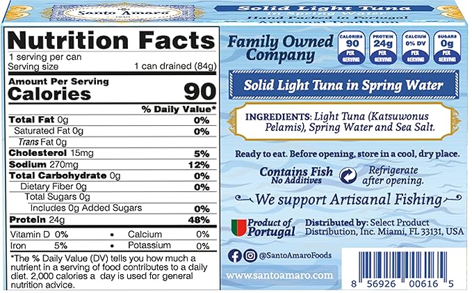 Santo Amaro - Artisanal Wild Tuna Fish in Spring Water, Pole & Line Wild Caught Tuna from Portugal, Hand-Packed Canned Tuna, Solid Light Tuna, 24g Protein Keto, 90 Calories, Low Mercury, Pack of 12