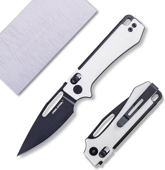 REALSTEEL VIS Pocket Knife, Folding Knife, Crossbar Lock, 2.72" Small 12C27 Steel PVD Black Blade, Thumb Hole, G10 Handle, 1.94oz, Pocket Clip, Versatile Outdoor Indoor EDC Knife, Gifts for Men Women Camping Hiking Fishing Climbing (White G10/Black)