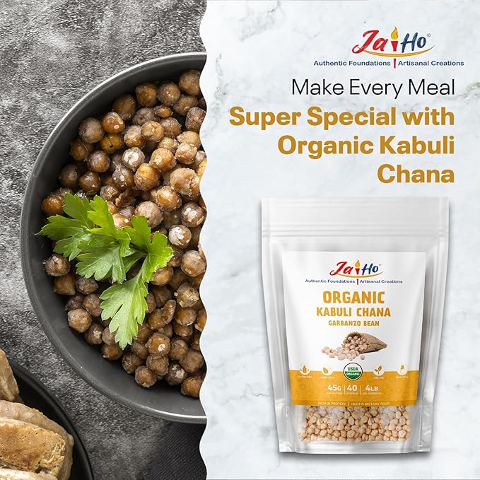 Jai Ho Certified Organic Kabuli Chana Garbanzo Beans 4 lb | Chickpeas Lentils | Indian Kabuli Chole Chana | USDA Organic | Non-GMO | Chemical-Free | Premium Quality Kosher (4 Pound, Kabuli Chana)