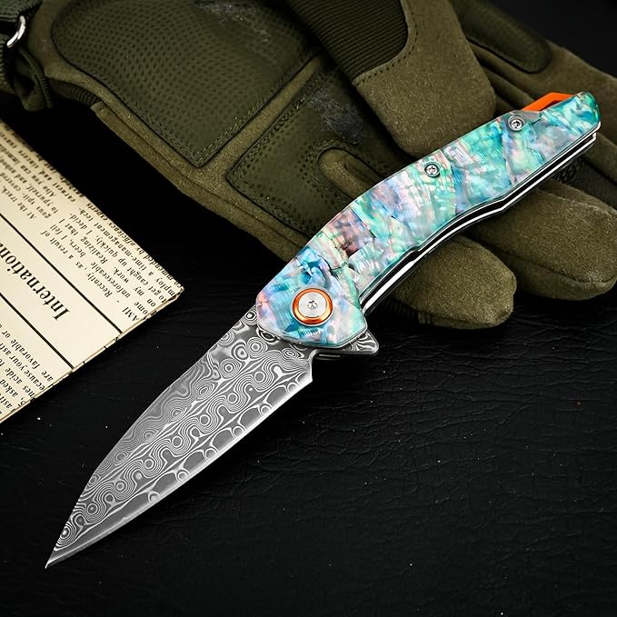 Damascus Pocket Knife, 3.03" VG10 Damascus Steel Blade Folding Knife with Abalone Shell Handle, EDC Camping Knives for Outdoor Indoor, Gifts for Women Men