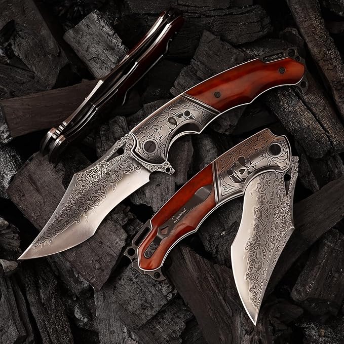 Damascus pocket knife clip leather sheath, VG10 core folding knife, portable EDC clip, outdoor survival camping bone handle