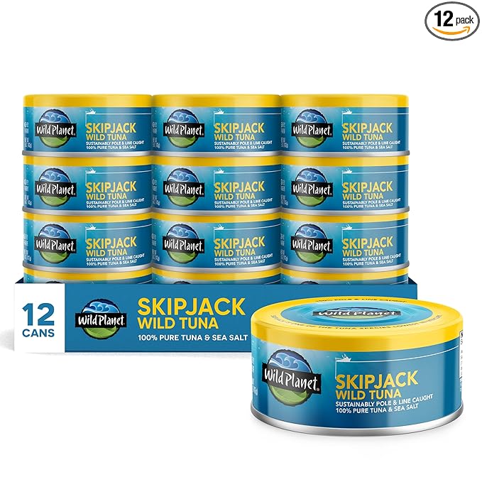 Wild Planet Skipjack Wild Tuna, Sea Salt, Canned Tuna, Pole & Line Sustainably Wild-Caught, Non-GMO, Kosher, 5 Ounce Can (Pack of 12)