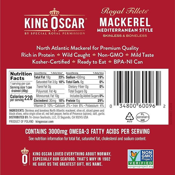 King Oscar Skinless & Boneless Mackerel Variety Pack, 4.05 Ounce Cans (Pack of 6), Skinless & Boneless, Wild Caught Canned Mackerel