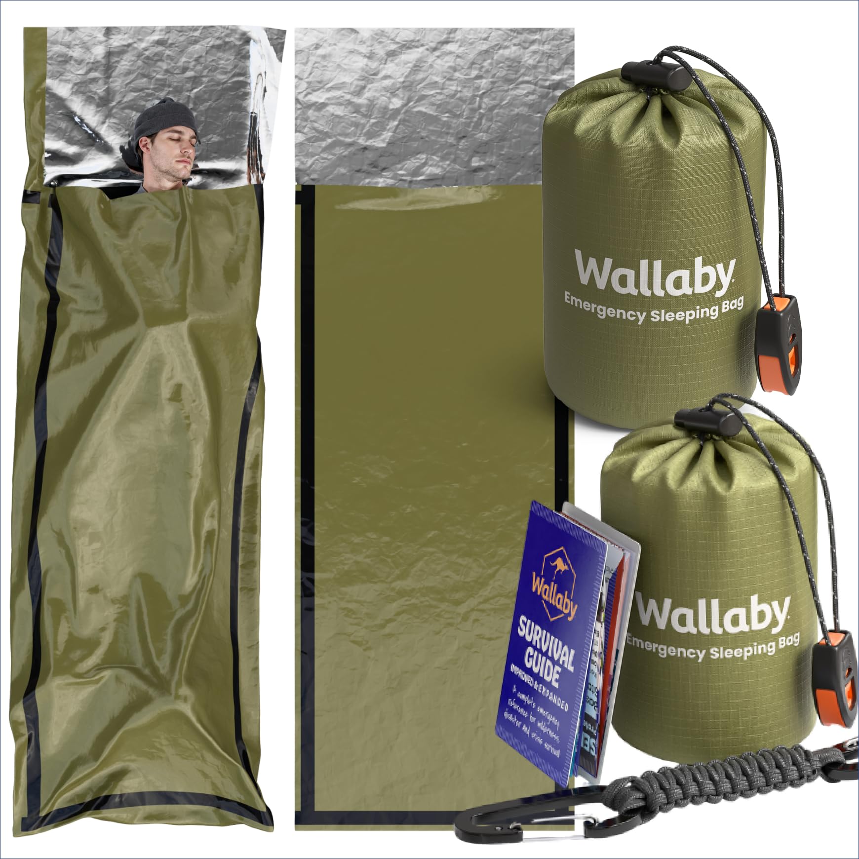 Wallaby 2-Pack Emergency Mylar Sleeping Bags with Nylon Pouches, Whistle Pull & Paracord with