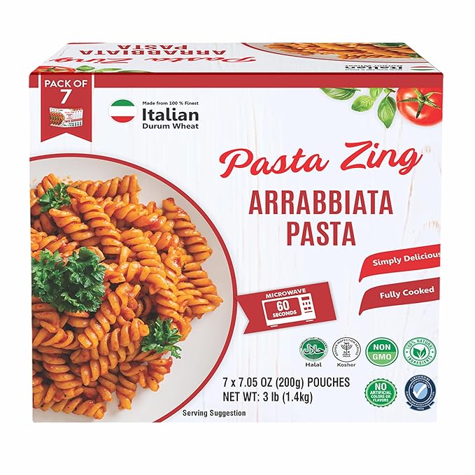 Pasta Zing Microwavable Arrabbiata Pasta, Pack of 7, 7.05 Ounce | Ready To Eat in 60 Sec | Made with 100% Italian Durum Wheat | Natural Ingredients | Spicy & Flavorful | Easy Meal & Side Dish
