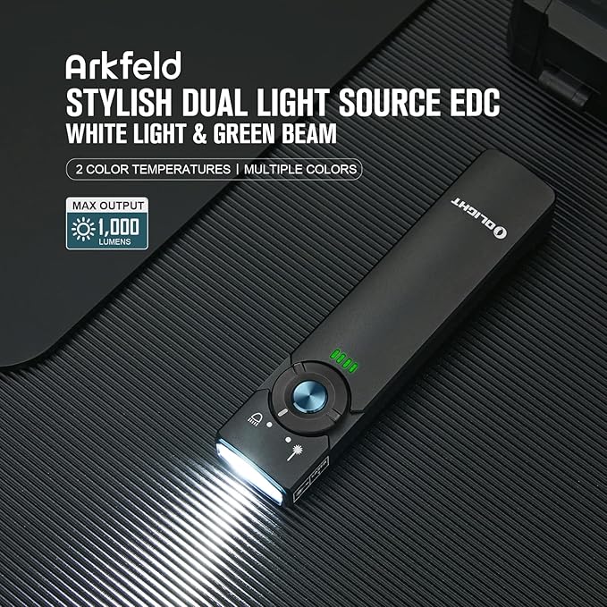 OLIGHT Arkfeld EDC Flat Flashlight, 1000 Lumens White LED Light with Green Beam Combo, Power by Rechargeable Built-in Battery for Outdoors, Emergency, Work (Black CW)