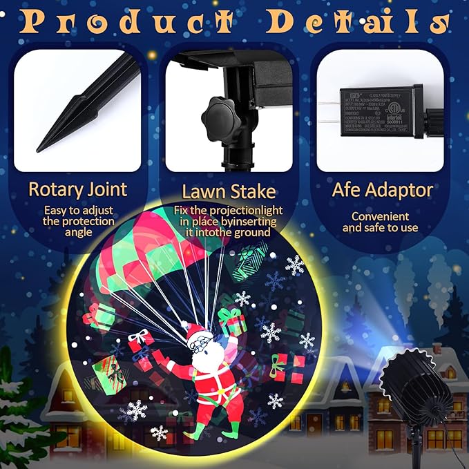 Christmas Projector Light with 1 Film Slides Holiday LED Santa Coming Projector Lights Outdoor Reflectors Waterproof Landscape Decorative Rotation Lighting Movement Projection Lamp for Outside