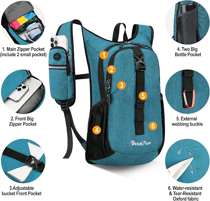 Seektop 15L Small Hiking Backpack for Women Men, Foldable Packable Backpack with Phone Pocket, Lightweight Travel Daypack for Hiking Camping Outdoor (Lake Blue)