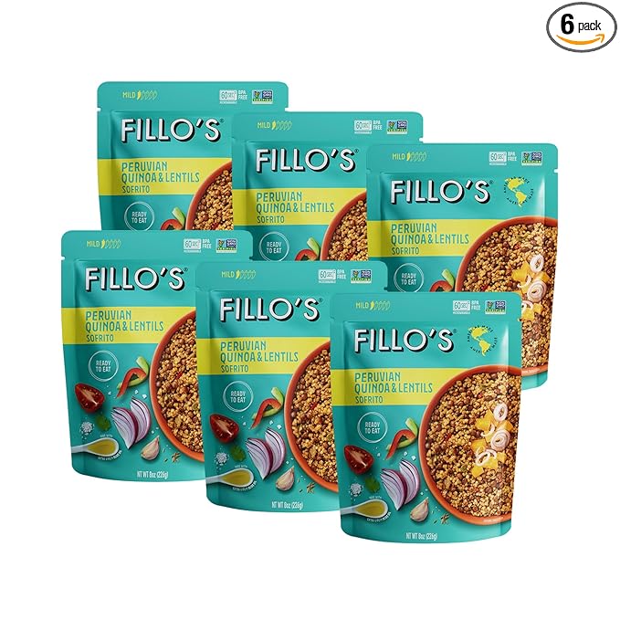 Fillo's Peruvian Quinoa And Lentils - Ready To Eat Quinoa With Lentils, Gluten-Free, Preservative-Free, Microwavable Meals, Non-GMO, Vegan, 8 oz Pk of 6