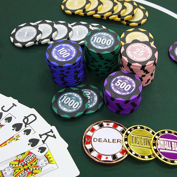 ORIENGEAR Poker Chip Set with Denominations 500 PCS with 14 Gram Numbered Clay Chips, Texas Hold?™em Casino Chip Sets with 2 Decks of Plastic Playing Cards, for Blackjack Gambling Games, Golden Case