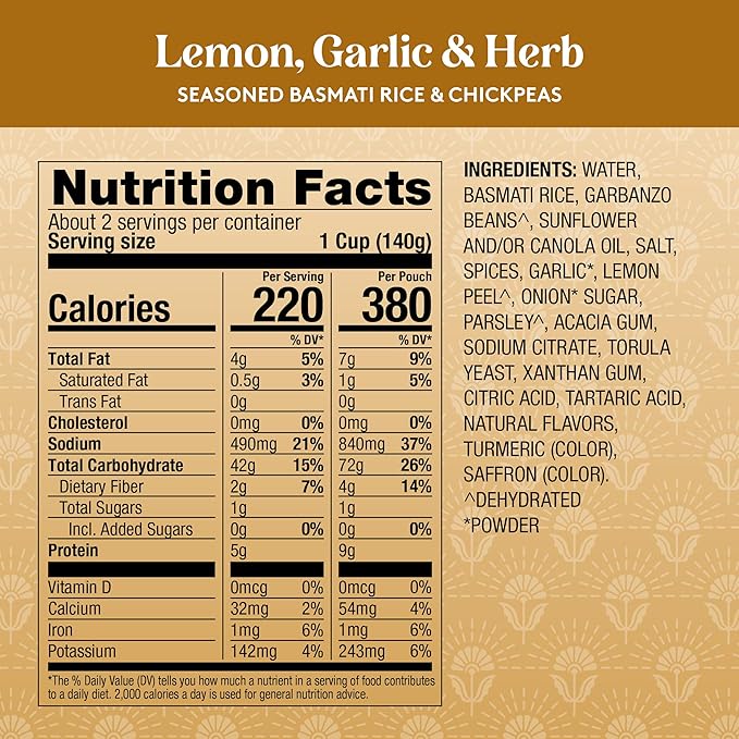 Royal Lemon, Garlic, and Herb Basmati White Rice and Chickpeas - Ready to Heat Basmati Rice - (6 Pack) 8.5 oz Microwaveable Pouch