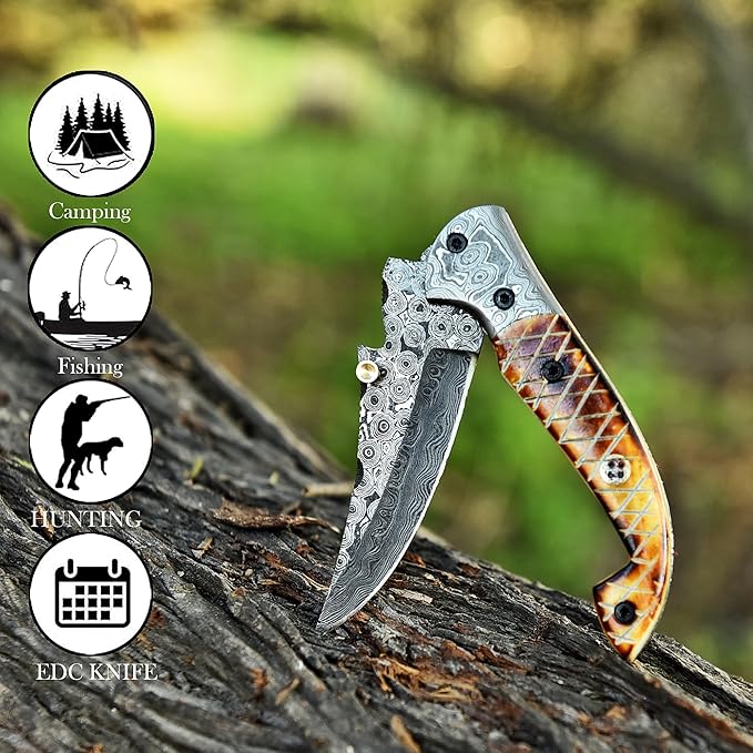 Handmade Damascus Folding Knife for Men with Burn Bone, 7.5 inch Pocket Knife with Sheath,Tactical Camping Knife with Liner Lock for Outdoor, Survival, Hunting, Fishing,