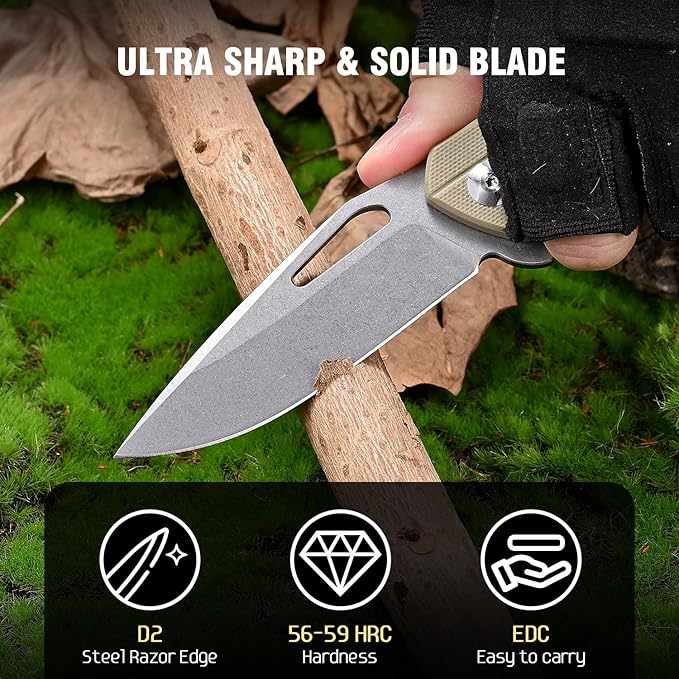 Folding Pocket Knife with D2 Steel Blade, G10 Handle, Black, 3.43 Inch EDC Knife, Pocket Clip for Camping, Survival, Hiking