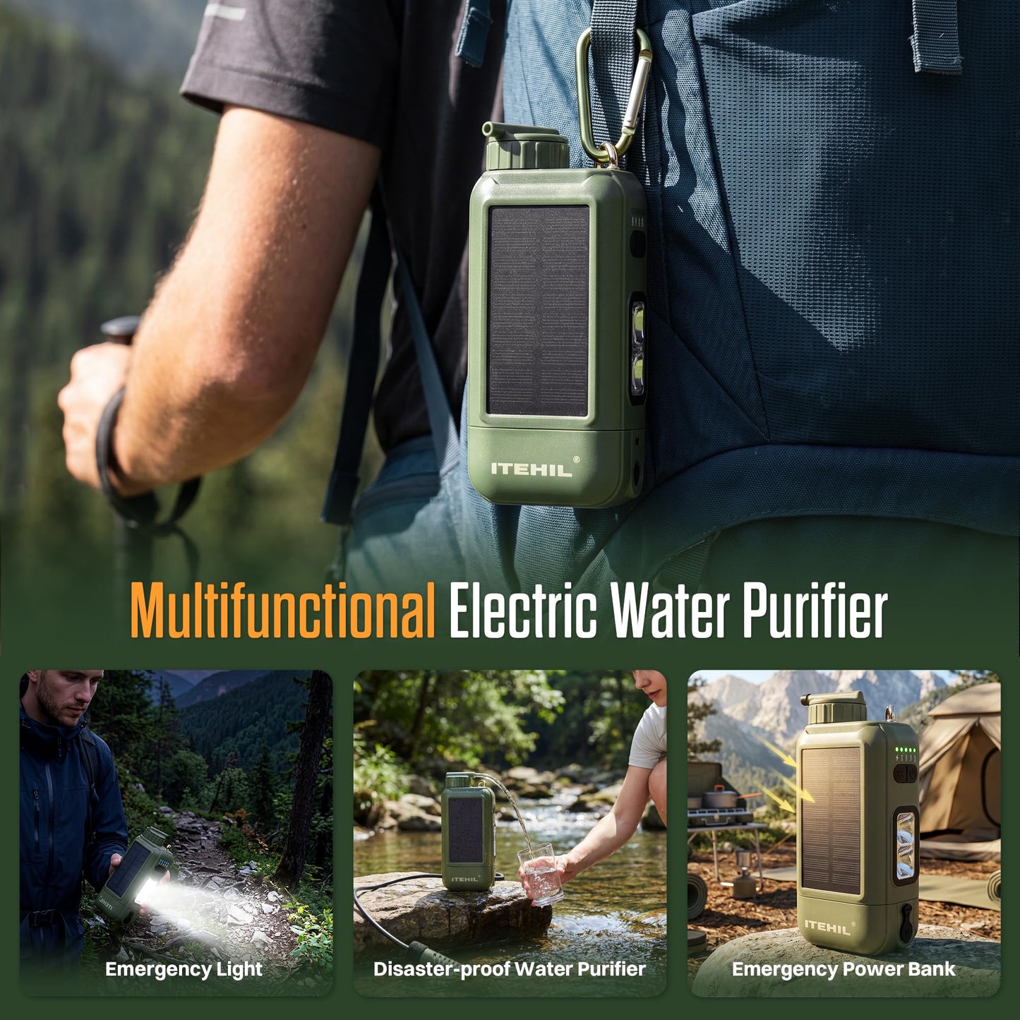 ITEHIL Portable Electric Water Filter, 0.01 Micron Camping Water Purifier with Solar, Outdoor Water