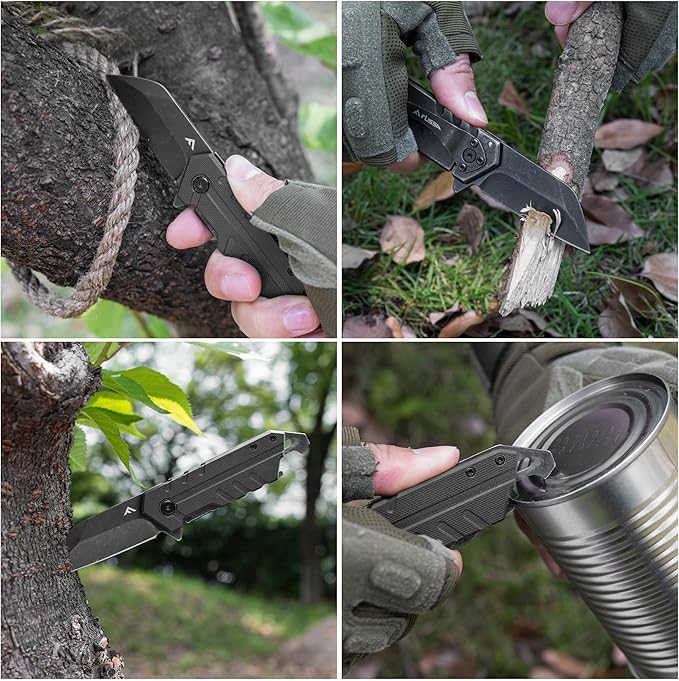FLISSA 4.5" G10 handle folding knife, FLISSA Folding Knife, 4" Small Pocket Knife with Bottle Opener and Slotted Screwdriver, Dual Craftsman Handle, EDC Pocket Knife for Hunting, Survival, Camping and Outdoor Activities, Black