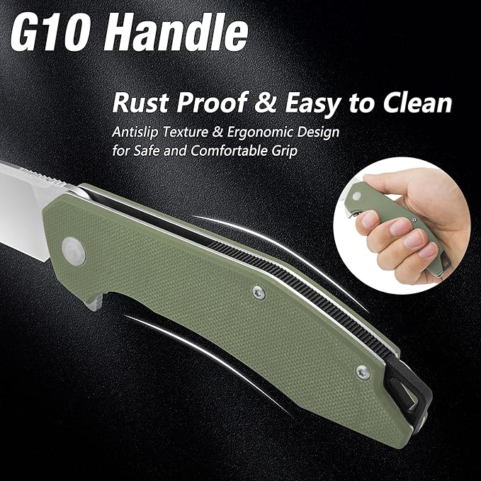 FLISSA Pocket Knife, Folding Tactical Knife with G10 Handle, D2 Blade, Liner Lock, Pocket Clip, EDC Knife for Hiking, Camping, Survival, Indoor and Outdoor Activities(Green)