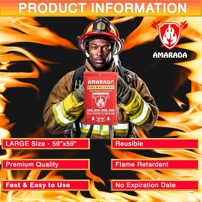 | 2 Pack Emergency Fire Blanket | Large Size 59"x 59" | Ideal for Kitchen, Schools, Offices, Cars, Camping, BBQ, Outdoor Activities