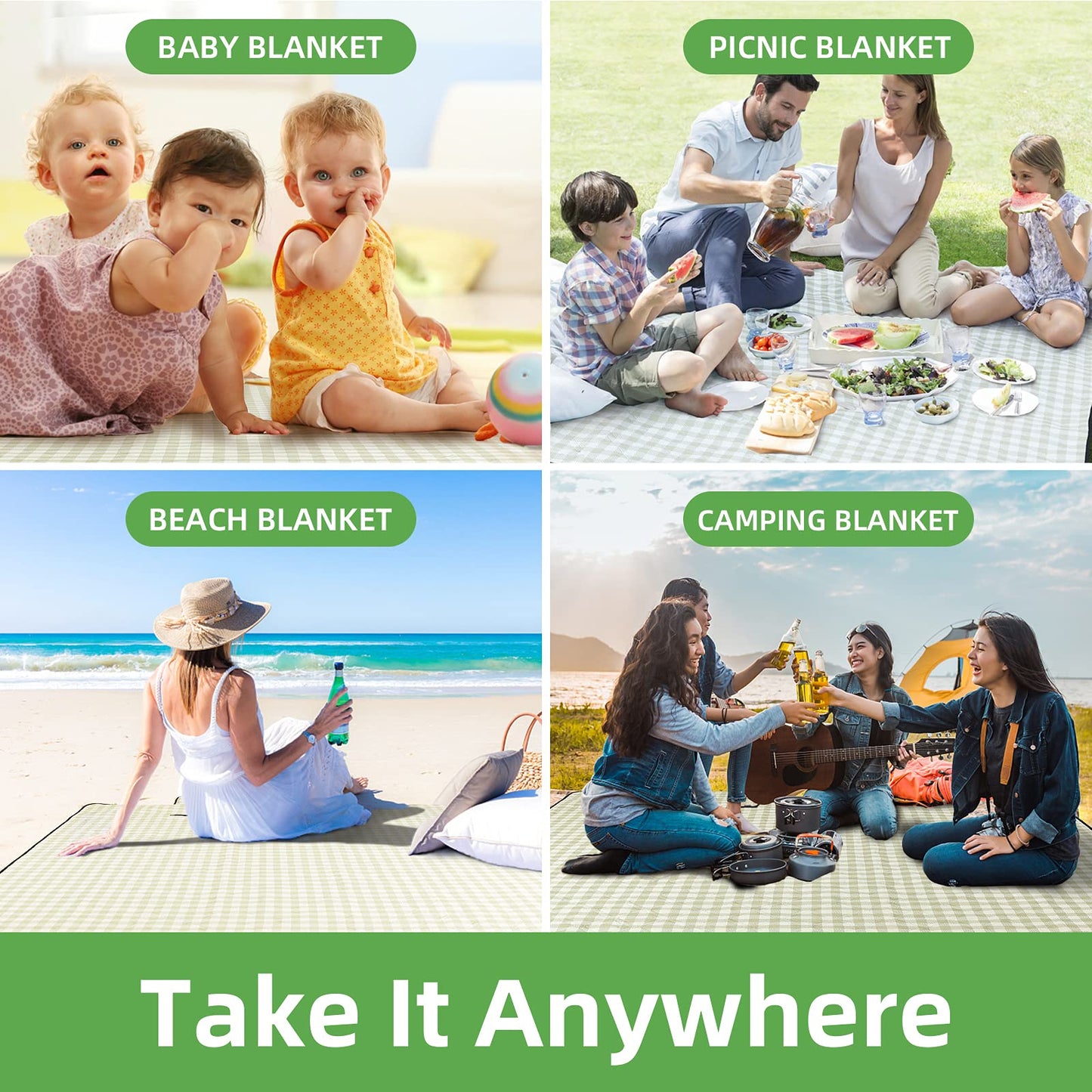 ZAZE Extra Large Picnic Outdoor Blanket, 80''x80'' Waterproof Foldable Blankets Gingham Picnic Mat