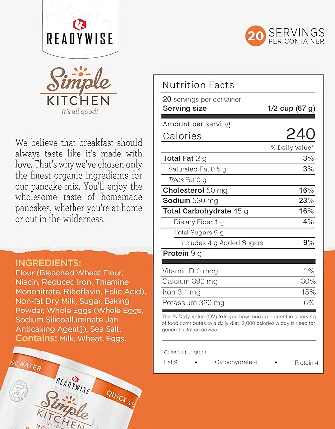 Simple Kitchen Homestyle Pancake Mix ??20 Servings for Family Meal Prep, Gluten Free & Freeze Dried Survival Just Add Water Canned Food, for Camping Meals, Backpacking & Hiking, #10 Can Package