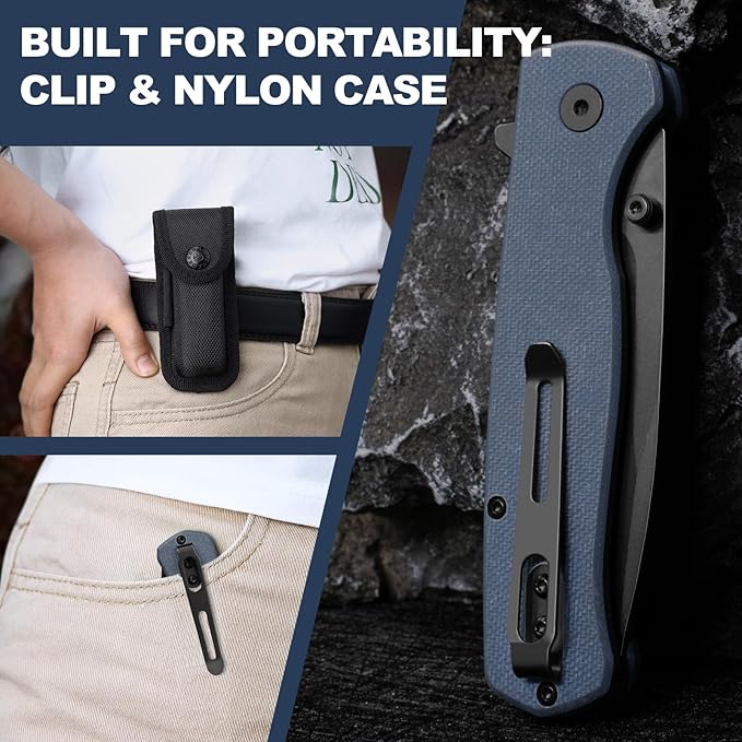 Pocket Knife for Men Y-M with 14C28N Steel Blade, Button Lock with Safety Switch, Blue G10 Handle, 7.28" Folding Knife with Clip and Sheath